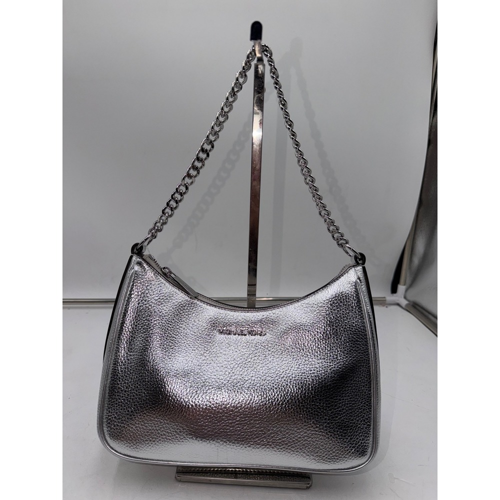 Michaels Kors Jet Set Travel LG Pouchette Xbody Silver Leather Bag 35S6STVC9M